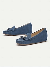billiga Lätta damskor-dam loafers i blå mocka med tofsar – bekväma slip-on mockasiner för vardagligt och vardagsbruk