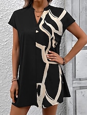 preiswerte Blusenkleider-Damen Arbeitskleidung A Linie Kleid Modisch B¨¹ro Arbeitsmode Minikleid Bedruckt V Ausschnitt Kurzarm Farbblock Lockere Passform Schwarz Sommer S M L XL 2XL