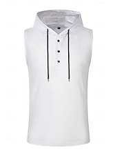お買い得  ベーシックTシャツ-男性 ベストトップ ヘンリーパーカー ティートップ ノースリーブ フード付き 夏 純色 平織り ファッション デザイナー ベーシック ボタン フード付き カジュアル バケーション ストリート ブルー ブラック ホワイト メンズトップTシャツ