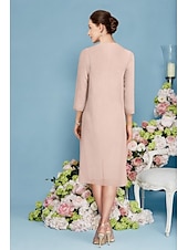 cheap With Jacket-Beach Wedding Two Piece Sheath Mother of the Bride Dress Elegant Jewel Neck Knee Length Chiffon Lace 3/4 Length Sleeve Wrap Included Jacket Dresses with Beading Appliques free custom size