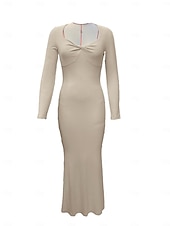 abordables Tendances-Robe longue côtelée moulante décontractée à manches longues pour femmes, col carré torsadé