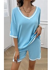 Women's T shirt Tee Striped Print Daily Casual Half Sleeve V Neck Sky Blue Summer Home Outfits 9