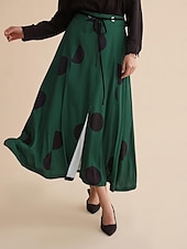baratos saia feminina-Saia maxi de cetim com bolinhas peplum com cinto e pontas duplas