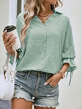 economico Bluse a righe e geometriche-Per donna Camicia Asimmetrico A righe Elegante Moderno Manica 3/4 Manica a Balze Colletto a Camicia Lavoro Blu Verde Estate Primavera Autunno