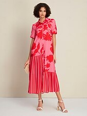 preiswerte Lässiges Kleid mit Aufdruck-Damen Lockeres Kleid Elegantes Kleid Maxikleid Rosenrot Kurzarm Blumen Gestreift Drucken Asymmetrischer Saum Frühling &amp; Sommer Hemdkragen Elegant S M L