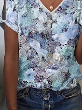 cheap T-shirts-Women's T Shirt Floral Basic Short Sleeve V Neck Regular Tops Holiday Weekend Cut Out Buttons Print Yellow Pink Blue Green
