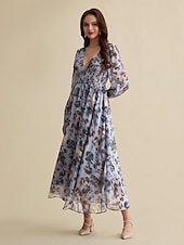 abordables Robes décontractées-femme robe longue invité de mariage bleu manches longues fleurs / plantes mousseline impression printemps &amp;amp;  Robe à motif col en V d&#039;automne, robe volante, robes corset s m l