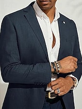 billige Lin blazer-Herre Lin Blazer Jakke Sportjakke Mote Uformell Sommer Enfarget Mørk Blå Beige Lys Blå Tilpasset Passform Enkeltknapp To-knapper