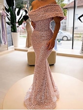 preiswerte Sekt-goldenes Meerjungfrau-Abendkleid mit Pailletten, elegantes, formelles, bodenlanges, ärmelloses, schulterfreies Maskenballkleid 2025