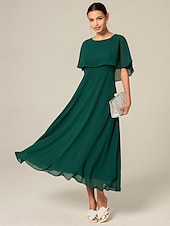 billige Kjoler til nyttårsaften-kvinners bryllup gjestecocktailkjole chiffon volang elegant formell midi a line kjole rund hals kortermet utsvingt erme mørk grønn farge