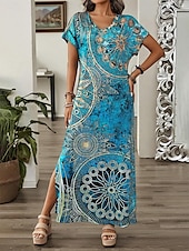 abordables Robes Boho-Robe maxi femme Robe d&#039;été Robe shift Robe en A Décontractée Épaule tombante Quotidienne Ajustement ample Graphique Manches courtes Col en V Bleu Vert Été