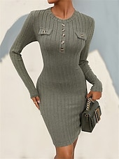 preiswerte Bodycon für den Klub-Damen Strickkleid Minikleid Taste Tasche Verabredung Urlaub Strassenmode Basic Rundhalsausschnitt Langarm Armeegrün Farbe