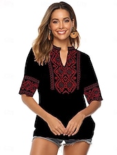 billige Kvinnenes ferietopper-Dame Bluse Blomstret Geometrisk Bohem Halvlange ermer Crew-hals Daglig Broderi Svart Hvit Sommer Vår Høst