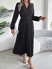 economico maxi abito nero-Per donna Abito da lavoro Abito linea A Di tendenza Ufficio Moda da lavoro Rimborsate Abito lungo Abito lungo A pieghe A V Manica lunga Liscio Standard Nero Vino Marrone Primavera Autunno S M L XL