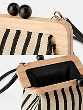 olcso Retikülök és estélyi táskák-női csíkos vászon crossbody táska – retro favázas kis válltáska állítható pánttal – fekete és bézs, ideális hétköznapi kirándulásokhoz és utazásokhoz