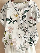 billige Blomstrete topper-Kvinnes Skjorte Bluse Elegant Blomstertrykk Kort Sleeve Vanlige Topper Crew Neck Daglig Lin Som Lys Grønn Sommer