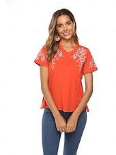 billige Blomster t-skjorte-Thanksgiving Day Dame Boho T-skjorte Blomstret Bohem Fritid Kortermet Lanterne Erme V-hals Lange topper Daglig Ut på byen Helg Gul Oransje Vår