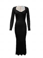 abordables Tendances-Robe longue côtelée moulante décontractée à manches longues pour femmes, col carré torsadé