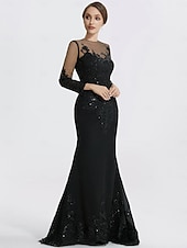 preiswerte SCHWARZ-Meerjungfrau Schwarzes Kleid Abendkleid Paillette Prom Kleid Funkelnd Formal Kleid Sweep  Brush Train Langarm Illusion Hals Spitze mit Applikationen Kleid für 2025 beeindrucken