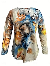 abordables T-shirt floral-Femme T shirt Tie Dye Plantes Décontractées manche longue Col Ras du Cou Hauts réguliers du quotidien Imprimer Jaune Printemps &amp; Automne