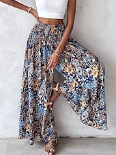 abordables jambe large et taille haute-Femme Pantalon large Trapèze Imprimer Floral Bohème Noir Eté