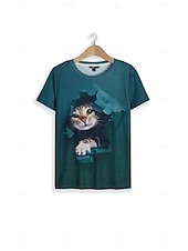 ieftine Tricou cu animale-Tricou pentru femei casual guler rotund imprimeu 3D cu pisică verde mâncă scurtă îmbrăcăminte zilnică confortabil ajustare relaxată modă top de dimensiuni multiple