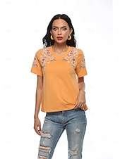 billige Blomster t-skjorte-Thanksgiving Day Dame Boho T-skjorte Blomstret Bohem Fritid Kortermet Lanterne Erme V-hals Lange topper Daglig Ut på byen Helg Gul Oransje Vår