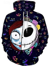 billige Hettegensere-Jack Skellington Hattetrøje Tegneserie Manga Animé 3D Lomme foran Graphic Kengurulomme Til Par Herre Dame Voksne Halloween Karneval Maskerade 3D-utskrift Fritid / hverdag