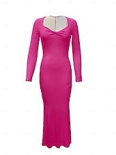 abordables Tendances-Robe longue côtelée moulante décontractée à manches longues pour femmes, col carré torsadé