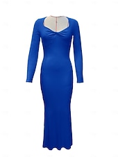 abordables Tendances-Robe longue côtelée moulante décontractée à manches longues pour femmes, col carré torsadé