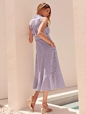 levne Květinové šaty-Dámské Resort Wear Elegantní šaty Maxi dlouhé šaty Vodní modrá Krátký rukáv Proužek kravata vpředu S proužky Potisk Jaro léto Vpředu do kříže Elegantní prázdniny šaty na dovolenou S M L