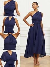abordables Robes de vacances-Robe Trapèze Femme Robe mi-longue Ruché Ceinturé robe demoiselle d honneur Soirée Cocktail Elégant Grande occasion Une Epaule Sans Manches Ample bleu marine S M L XL 2XL