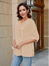 abordables Chemises-Femmes Chemise Chemises inspirées du lin Couleur Unie Fleuri Occasionnel Boho Manche 3/4 Manches au coude Col ras du cou Hauts Réguliers Vacances Soirée Quotidien Broderie Blanche Jaune Kaki Automne