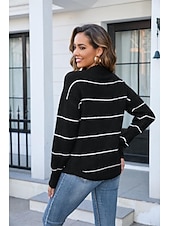 abordables Motifs graphiques et détails-Femme Pull Chandail mode basique Rayé A côtes Col Ras du Cou Bandes manche longue Hauts longs Tricoter Travail Noir Blanche Printemps Automne