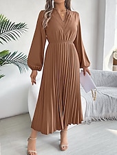 economico maxi abito nero-Per donna Abito da lavoro Abito linea A Di tendenza Ufficio Moda da lavoro Rimborsate Abito lungo Abito lungo A pieghe A V Manica lunga Liscio Standard Nero Vino Marrone Primavera Autunno S M L XL