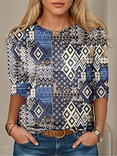 cheap Stripe&amp;Geometric tee-Women&#039;s T Shirt Color Block Geometry Fashion Modern Long Sleeve Crew Neck Regular Tops Vacation Daily Print Pink Blue Dark Green Green Spring &amp;  Fall