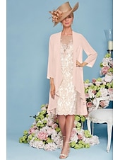 cheap With Jacket-Beach Wedding Two Piece Sheath Mother of the Bride Dress Elegant Jewel Neck Knee Length Chiffon Lace 3/4 Length Sleeve Wrap Included Jacket Dresses with Beading Appliques free custom size
