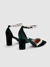 cheap Cocktail-Women&#039;s Green Velvet Block Heel Pumps with Rhinestone Ankle Straps for Weddings and Formal Events