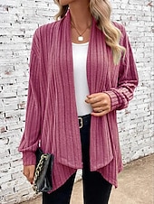cheap Cardigans &amp; Outerwears-Women&#039;s Cardigan Coat Daily Solid Color Ribbed Open Front Knitted Long Sleeve Regular Tops Knit Daily Blue Purple Spring Fall