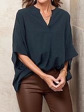 billige Kvinnenes arbeids topper-damebluse elegant stilig ensfarget rynket flaggermus-erm 3/4 lengde erme med hakk i halsen arbeid daglig hvit marineblå brun brun grønn sommer vår høst