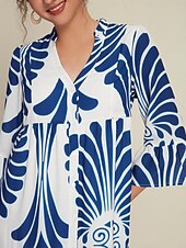 Недорогие повседневное платье с принтом-Жен. Свободное платье Курортная одежда Длинное платье Темно синий Рукав 3/4 Folk Рисунок Весна лето V-образный вырез Отпуск На каждый день S M L