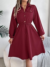 preiswerte schwarzes Midikleid-Damen Arbeitskleidung A Linie Kleid Modisch Täglich Arbeitsmode Bischof Midikleid Gefaltet Taste Hemdkragen Langarm Glatt Regular Fit Schwarz Wein Khaki Frühling Herbst S M L XL