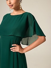 billige Kjoler til nyttårsaften-kvinners bryllup gjestecocktailkjole chiffon volang elegant formell midi a line kjole rund hals kortermet utsvingt erme mørk grønn farge