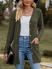 preiswerte Freizeitjacken-Damen Strukturjacke Strickjacke lässig einfarbig schlicht gerippt asymmetrisch V-Ausschnitt Tasche Knöpfe gedreht Langarm Normal Tops Strick Alltag Wein Armeegrün Frühling Herbst