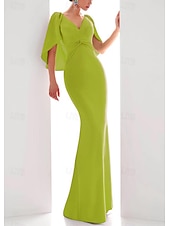 abordables ROUGE-Robe de soirée en ligne élégante robe formelle automne longueur au sol à manches courtes décolleté en V en chiffon extensible avec volants froncés 2025