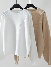 preiswerte Grafische Muster und Details-Damen Pullover Stilvoll Feste Farbe Gerippt Rundhalsausschnitt Strick Laternenärmel Langarm Lange Oberteile Stricken Arbeit Täglich Weiß Beige Herbst Winter