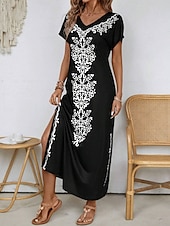 olcso Boho ruhák-Női Maxi Ruha Napruha Shift Ruha A Vonalu Ruha Etnikai Laza Lógó Váll Napi Laza Fit Grafikus Rövid Ujjú V Nyakú Fekete Nyár