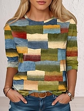 cheap Stripe&amp;Geometric tee-Women&#039;s T Shirt Color Block Geometry Fashion Modern Long Sleeve Crew Neck Regular Tops Vacation Daily Print Pink Blue Dark Green Green Spring &amp;  Fall