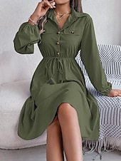 preiswerte schwarzes Midikleid-Damen Arbeitskleidung A Linie Kleid Modisch Täglich Arbeitsmode Bischof Midikleid Gefaltet Taste Hemdkragen Langarm Glatt Regular Fit Schwarz Wein Khaki Frühling Herbst S M L XL