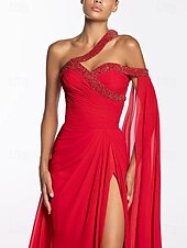 cheap BLACK-A-Line Evening Gown Elegant Dress Formal Floor Length Sleeveless One Shoulder Chiffon with Sequin